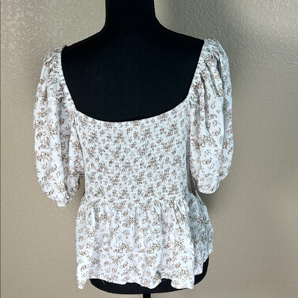 Smocked Peplum Blouse - White with Brown Floral - Picture 4 of 5